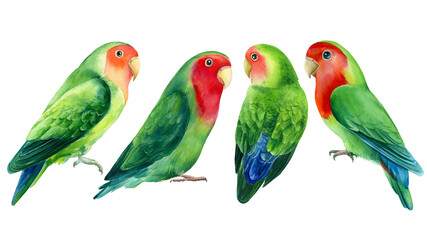 Naklejka na ściany i meble Set of lovebirds parrots on a white background. Watercolor tropical birds illustration, hand drawing painting