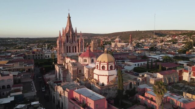 San Miguel de Allende, Mexico. Aerial View of Historic Downtown and Unesco World Heritage Site on Golden Hour Sunlight 60fps