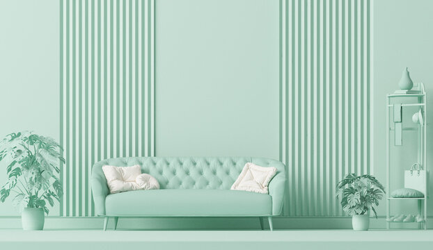 The interior of the bedroom in a light monochrome light pastel blue color with bedroom furniture and accessories. Light background with space for copy. 3D render for web page, presentation or picture 