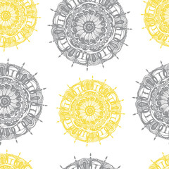 Mandalas-Coins in the Colors of 2021. Yellow and Gray on a White background. Stylish Stock illustration. For interior Decoration, Paper, Print