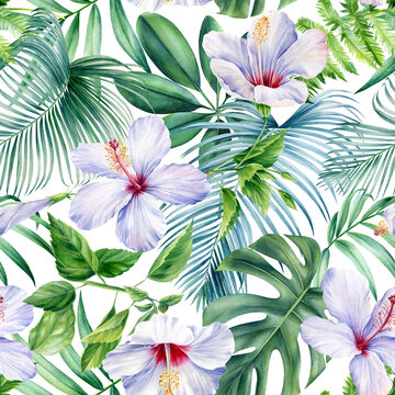 Palm leaves, tropical flowers on white background, watercolor botanical illustration. Seamless patterns. 