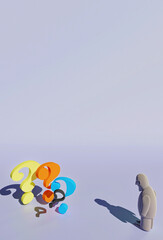 man looking at question marks