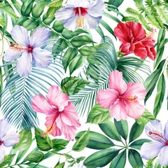 Foto auf Acrylglas Palm leaves, tropical flowers on white background, watercolor botanical illustration. Seamless patterns.  © Hanna