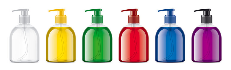 Set of droppers bottles with intensive colored liquids. 