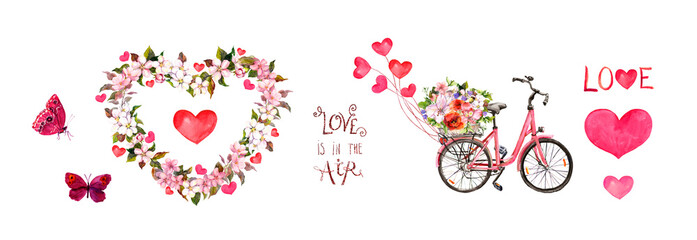 Pink set for Valentines day - bicycle with flowers, hearts, butterflies and text Love is in the air , floral frame with cherry, apple flowers . Watercolor for Valentine day
