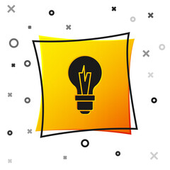 Fototapeta na wymiar Black Light bulb with concept of idea icon isolated on white background. Energy and idea symbol. Inspiration concept. Yellow square button. Vector.