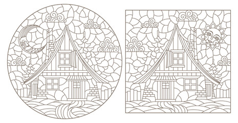 Set of contour illustrations in stained glass style with cozy rural houses on a background of fir trees and sky, dark contours on a white background