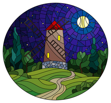 The image in the stained glass style landscape with a  windmill on a background of starry night sky and moon, oval image