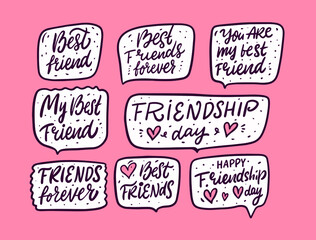 Friendship day lettering phrases set. Inspiration quotes. Hand drawn modern calligraphy. Speech bubble frames. Vector illustration isolated on pink background.