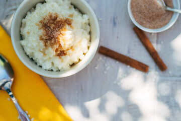 directly above view of rice pudding in bowl
