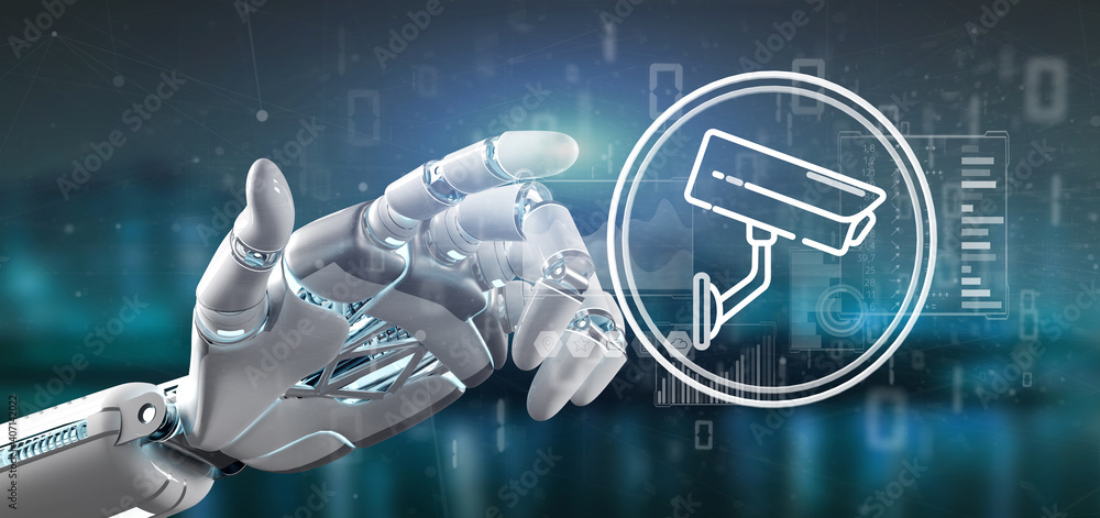 Poster cyborg holding security camera system icon and statistics data - 3d rendering
