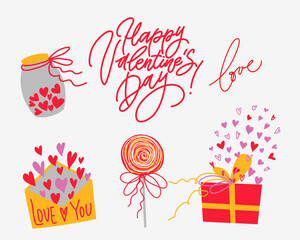 Fototapeta na wymiar Valentines day set with hand drawn candy, hearts, lettering, postcard, gift box, jar elements isolated on white background. Vector illustration