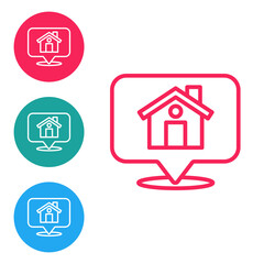 Red line Map pointer with house icon isolated on white background. Home location marker symbol. Set icons in circle buttons. Vector.