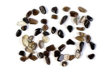Macro shooting of collection natural rock set of morion, smoky quartz gem mineral stones isolated on white background