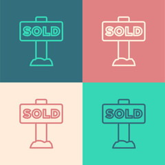 Pop art line Hanging sign with text Sold icon isolated on color background. Sold sticker. Sold signboard. Vector.