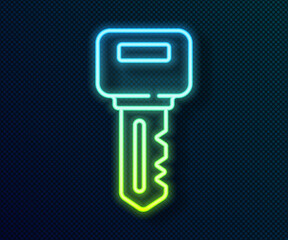 Glowing neon line House key icon isolated on black background. Vector.