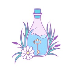 A magical bottle with plants around and a key inside. Vector illustration