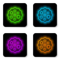 Glowing neon line Cookie or biscuit with chocolate icon isolated on white background. Black square button. Vector.