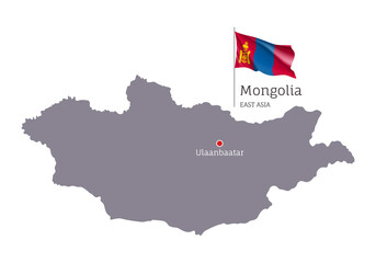 Silhouette of Mongolia country map. Gray editable map of Mongolia with waving national flag and Ulaanbaatar city capital, East Asia country territory borders vector illustration on white background