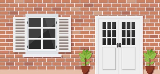 Wooden door and Window on brick house front view, architecture background, building home real estate backdrop. Vector illustration in flat style