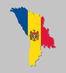 Highly detailed map of Moldova with flag. Silhouette of European country map with Moldavian flag inside vector illustration on light gray background