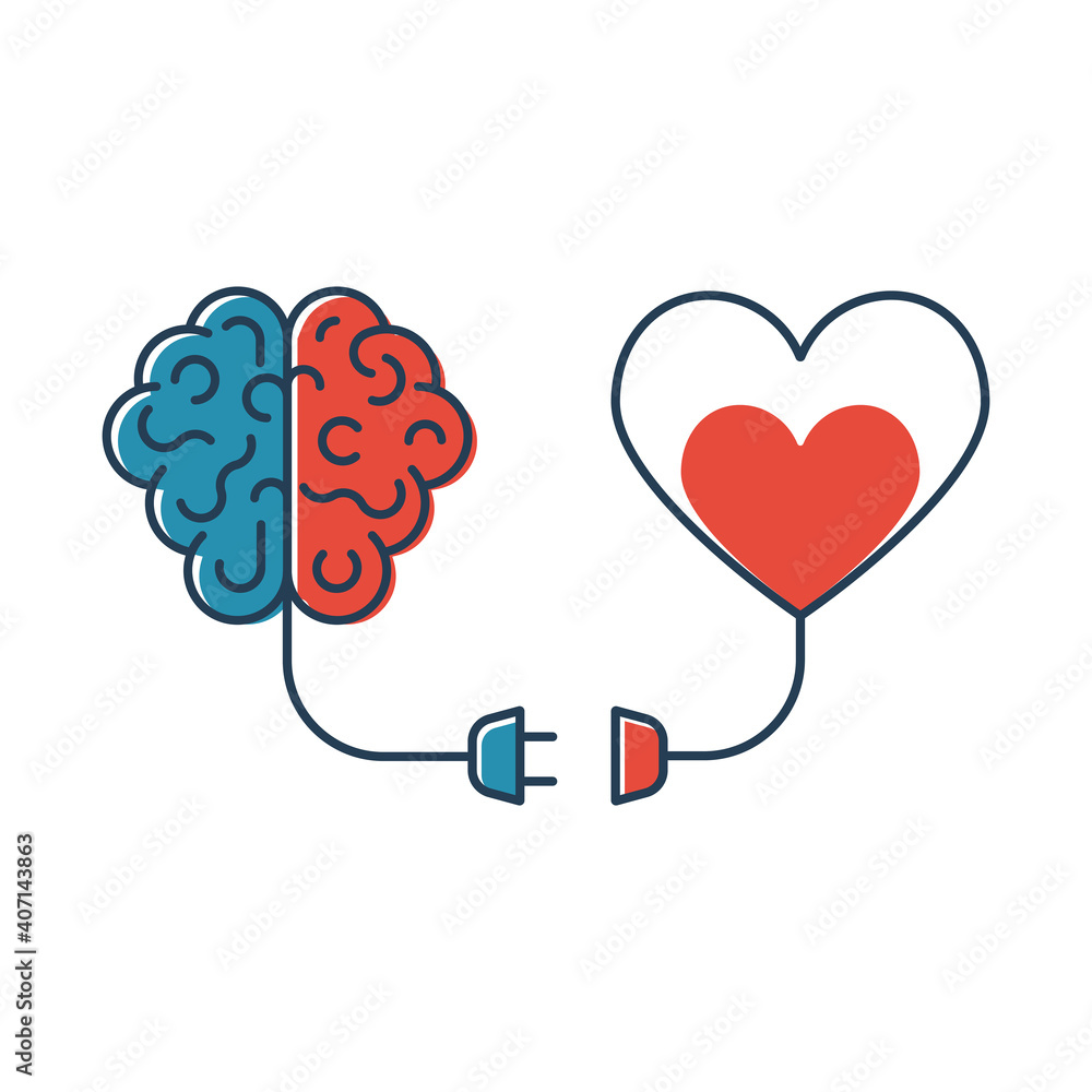 Wall mural brains and heart are connected. heart and brain work together. blackline design. connection of mind 