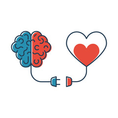 Brains and heart are connected. Heart and brain work together. Blackline design. Connection of mind and feelings. Abstract background. Vector illustration flat design. Isolated on white background.