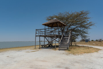 Observation tower on the banks of the Sua Pan, Botswana - obrazy, fototapety, plakaty