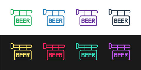 Set line Street signboard with inscription Beer icon isolated on black and white background. Suitable for advertisements bar, cafe, pub, restaurant. Vector.