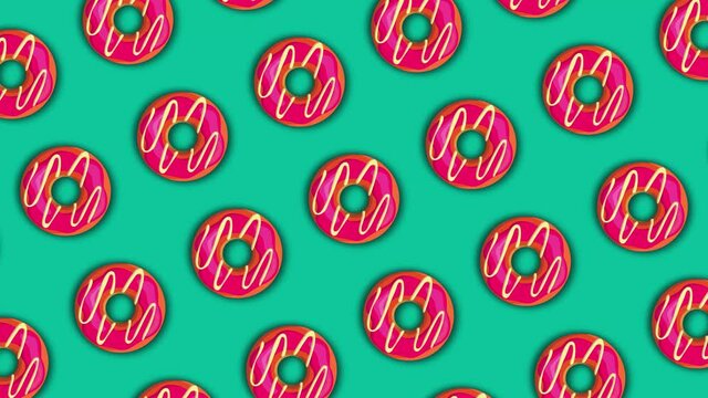 pink donut on green background in pattern rotating loop animated background 4K