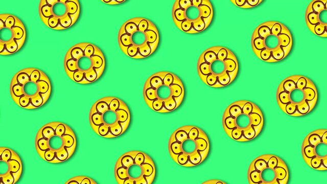 Yellow donuts on green background rotating loop animated background 4K