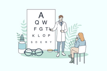 Ophthalmology and ophthalmologist concept. Young man doctor ophthalmologist making eye test using chart for sitting woman patient vector illustration