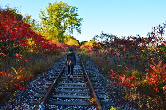Beautiful old train railway in autumn