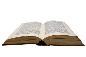 Old book open with pages displaying text. Book is against a white background.