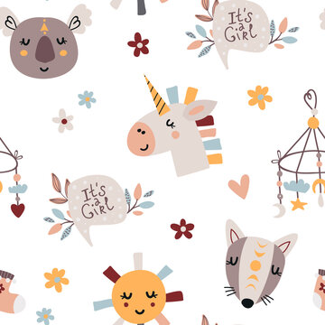 Bohemian seamless pattern with cute baby elements for girls