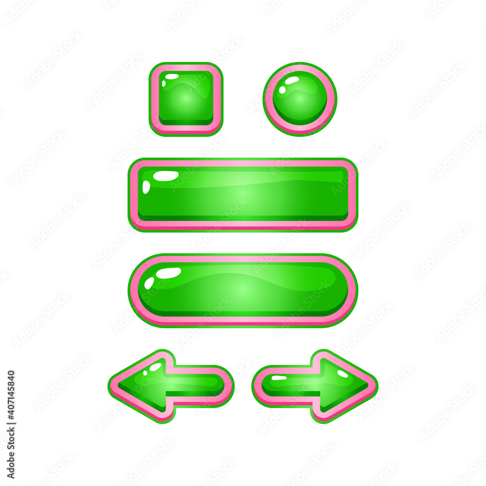 Poster set of 2d funny pink jelly casual game ui button icon for gui asset elements vector illustration