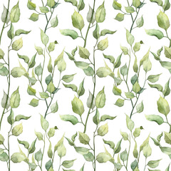 Seamless pattern with hand painted watercolor green leaves