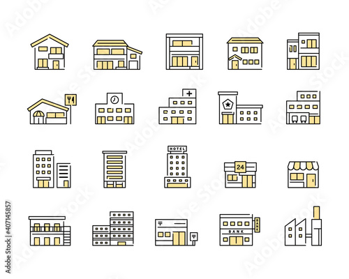 色々な建物 施設のアイコンセット ビル 家 イラスト 住宅 マンション ホテル お店 学校 病院 Wall Mural Yugoro