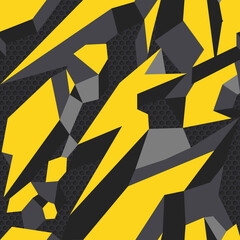 Camouflage seamless geometric pattern. Abstract racing background of yellow shapes on a dark background with a mesh. Decal and vinyl print. Vector illustration