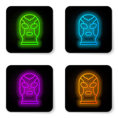 Glowing neon line Mexican wrestler icon isolated on white background. Black square button. Vector.