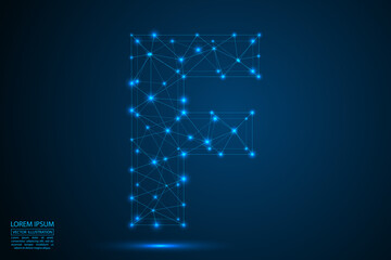 English letters abstract font consists 3d of triangles, lines, dots and connections. On a dark blue background cosmic universe stars, meteorites, galaxies. Vector illustration EPS 10.