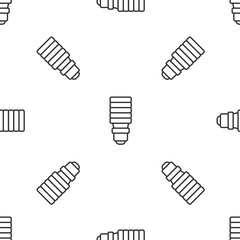 Grey line LED light bulb icon isolated seamless pattern on white background. Economical LED illuminated lightbulb. Save energy lamp. Vector.