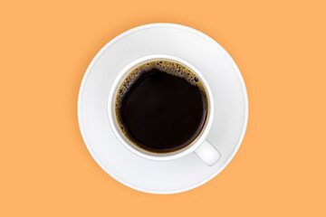 White cups with coffee on a bright colored background.
