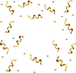 Vector golden streamer, scattered confetti, gold ribbons on a white background. Holiday illustration for greeting card, decor, banner design, party.