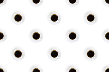 Cup of coffee seamless pattern. White cups with coffee on a bright colored background.