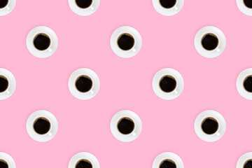 Cup of coffee seamless pattern. White cups with coffee on a bright colored background.