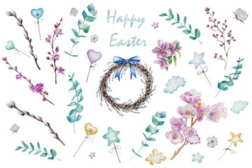Hand drawn watercolor happy easter set with florals and flowers willow design. pussy-willow branches, isolated illustration on white.