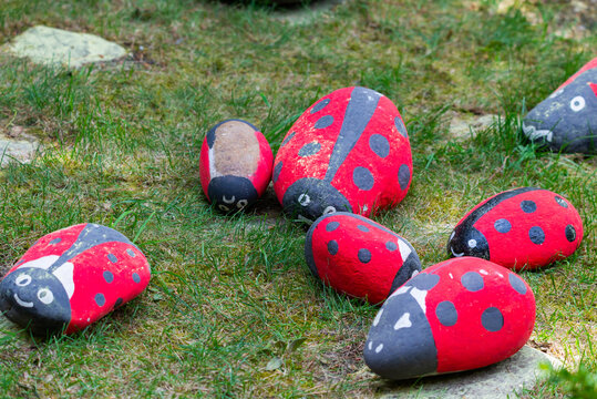 Handmade painted acrylic stone ladybug in garden