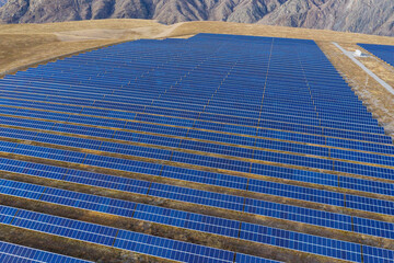 Solar power plant in the Altai Mountains. Aerial view.