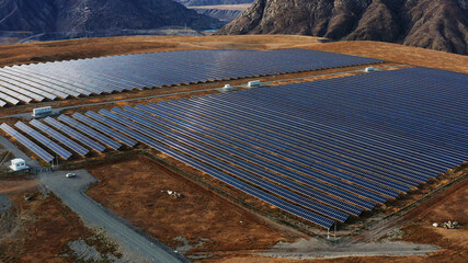Solar power plant in the Altai Mountains. Aerial view.